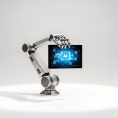 Robotic arm holding tablet with artificial intelligence logo on screen