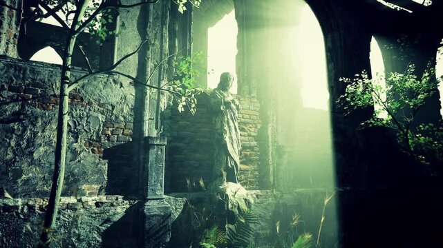 Sunlight filters through crumbling walls of an ancient structure, illuminating vibrant green leaves. Nature intertwines with history, creating a serene, magical atmosphere in a forgotten place.
