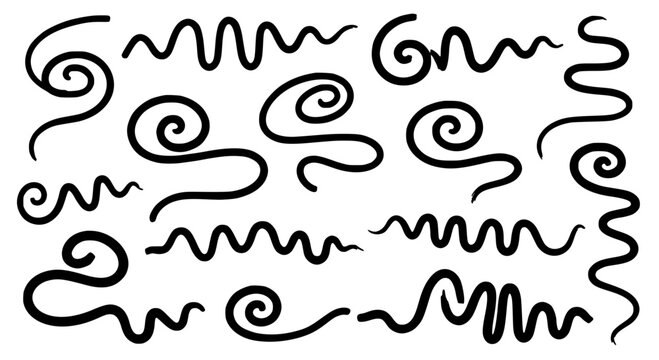 Swirls hand drawn set with black curved lines and wavy shapes on white background featuring doodle, illustration,