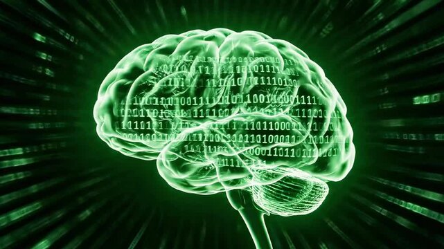A green neon-lit illustration of a human brain surrounded by concentric circles of green binary code on a dark background