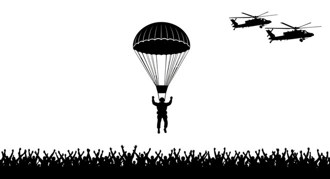 Paratrooper Jumps from Helicopter with Crowd Cheering Below, Military Operation