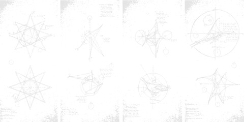 Obraz premium Abstract geometric starburst schematics and technical drawings on white background with geometric with schematic with drawing with star with design with technical
