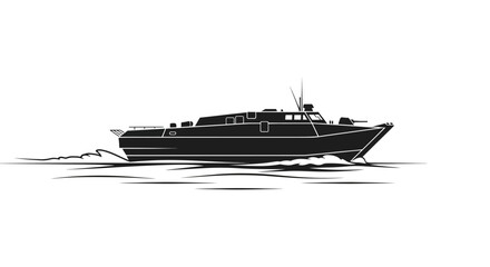 Naklejka premium Silhouette of a fast patrol boat sailing on the water, black and white illustration.