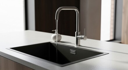 Modern kitchen sink with water flowing, clean design and neutral colors