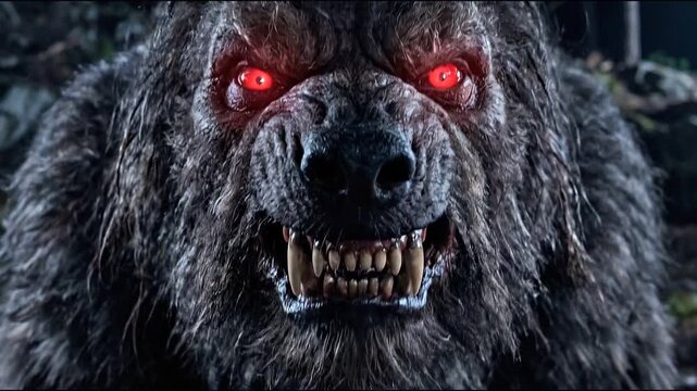 Close-up sinister monster red eyes concept. Fierce werewolf with glowing red eyes snarling in dark forest at night