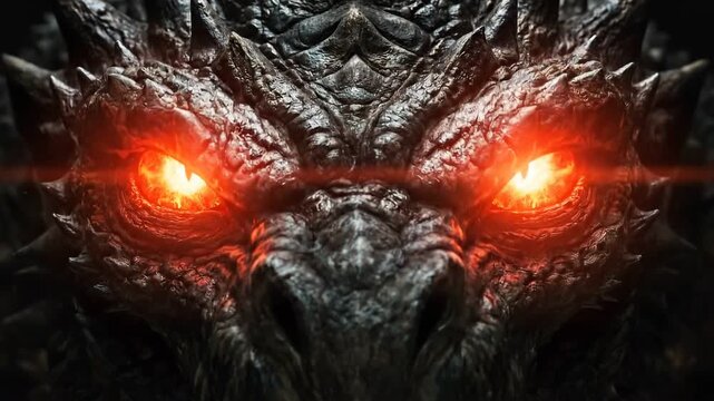 Close-up sinister monster red eyes concept. Close up of fierce dragon head with glowing fiery eyes and detailed dark scales fantasy creature