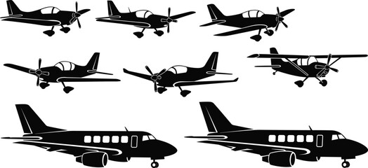 Aviation Silhouette Set Featuring Private Jet Airplane Propeller Plane Light Aircraft Collection For Travel Flight Industry And Aerospace Design Projects © Khadija
