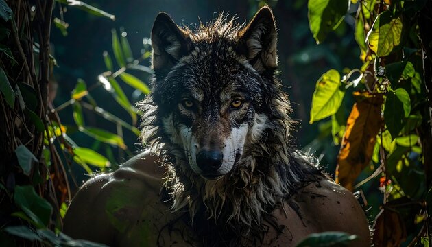 A wolf-like human hybrid in a lush forest setting