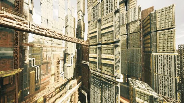 sunlit industrial megacity towering metal facades interlocked walkways and skybridges, drone traffic and warm beige patina, crisp shadows and modernist geometry