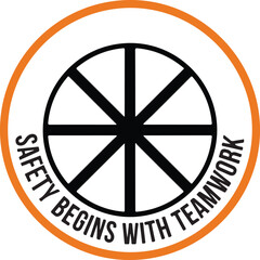 Obraz premium Safety Begins With Teamwork vector icon in a black and orange circular design, ideal for workplace safety campaigns, industrial presentations, and team collaboration graphics.