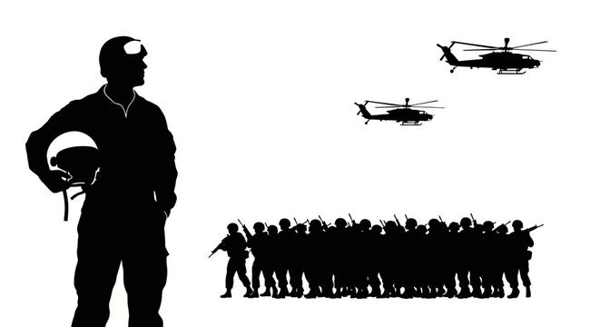 Silhouette of a soldier holding helmet with helicopters and army in background