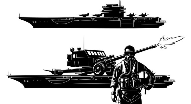 Silhouette of Aircraft Carrier and Anti-Aircraft Gun with Soldier in Combat Gear