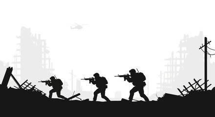 Silhouette Soldiers Advance Through War-Torn City Ruins with Helicopter Overhead