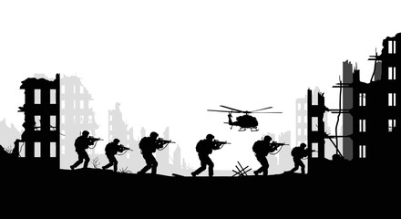 Silhouette Soldiers in War-Torn City with Helicopter Overhead
