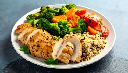 Healthy Chicken Breast with Broccoli and Quinoa on a Plate.
