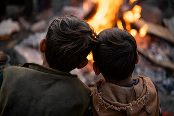 Fototapeta premium Warmth and Connection: Two young figures, side by side, gaze towards the inviting flames of a bonfire, their closeness a testament to companionship and shared experience. 