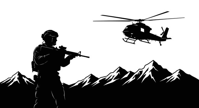 Silhouette Soldier with Rifle and Helicopter in Mountains