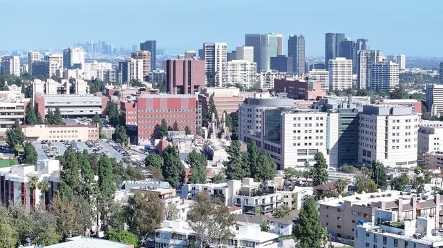 Telephoto Aerial Over UCLA Medical and Westwood Skyline