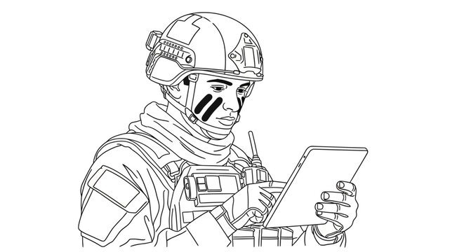 Soldier using tablet computer with face paint, tactical gear, and helmet