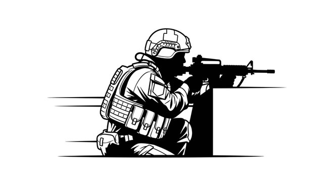 Soldier aiming rifle, tactical gear, military operation, action silhouette