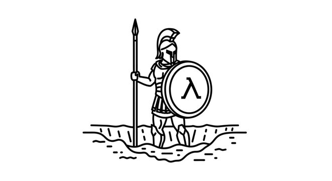Spartan Warrior with Lambda Shield Standing in Trench, Ancient Greek Soldier Symbol
