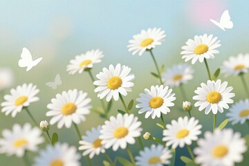 Obraz premium A field of white flowers with butterflies in the background