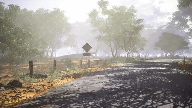 sundappled rural road winding past wooden posts and scattered leaves, crisp ground texture and seasonal color palette evoke nostalgic countryside mood