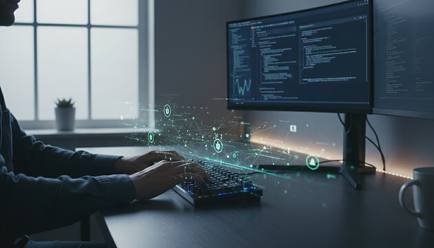 Software developer typing on a keyboard in a dark room with complex glowing blue computer programming and coding code overlays