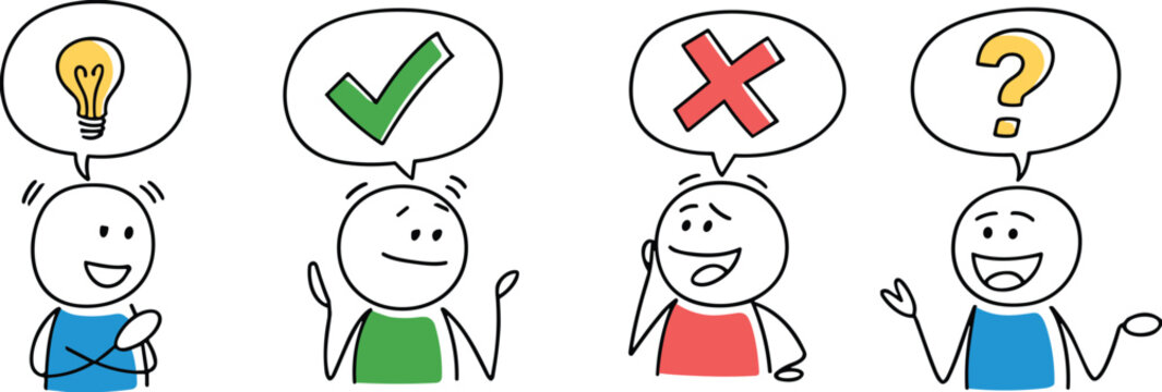 Hand drawn cartoon characters showing idea, correct answer, wrong choice and question mark in speech bubbles, creative thinking concept illustration isolated on white background