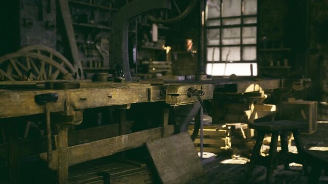Dimly lit maker space with large gear and wooden bench, scattered metal parts, ambient window light casting long shadows, moody industrial nostalgia suitable
