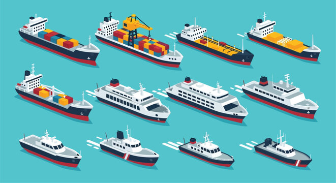 Isometric illustration depicting various commercial and passenger ships at sea