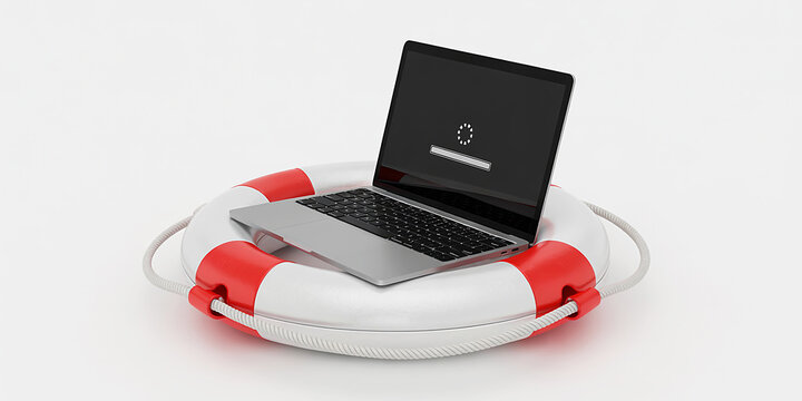 3D rendering of a laptop on a lifebuoy, metaphorically representing critical data recovery and urgent system repair