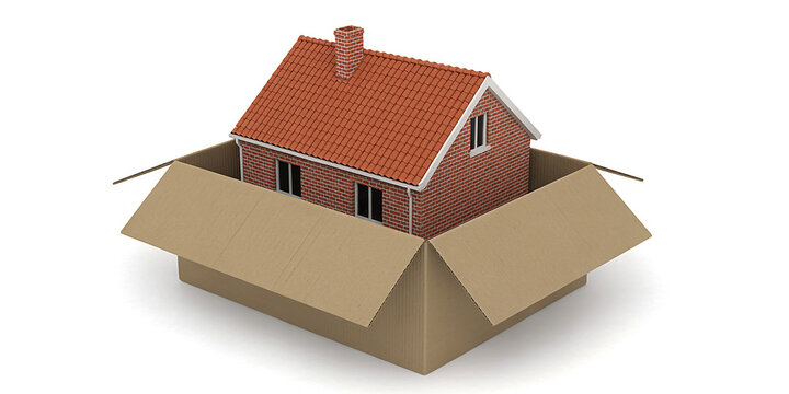 A 3D rendering of a traditional brick house, complete with a red tiled roof, nestled inside an open cardboard box, symbolizing home relocation or moving services