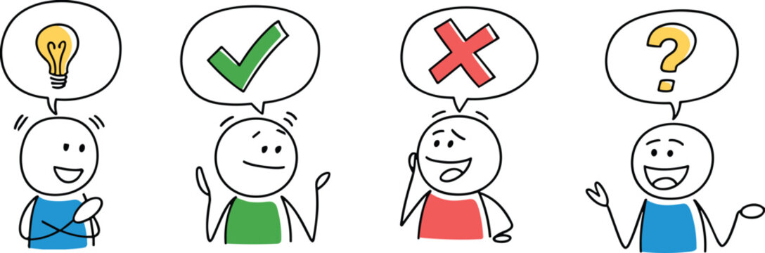 Hand drawn doodle characters with speech bubbles showing idea light bulb, correct check mark, wrong cross and question mark concept for thinking, decision making illustration