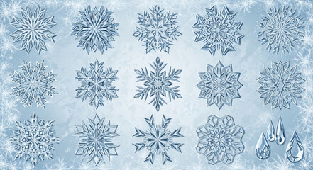 Collection of Various Snowflakes with Unique Patterns. © Dik