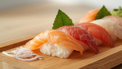 Salmon nigiri tuna nigiri sashimi rice sesame leaf garnish elegant sushi platter