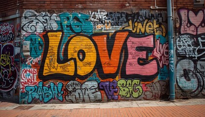 A vibrant graffiti wall with the word LOVE spray painted in bold colorful letters on a brick urban background