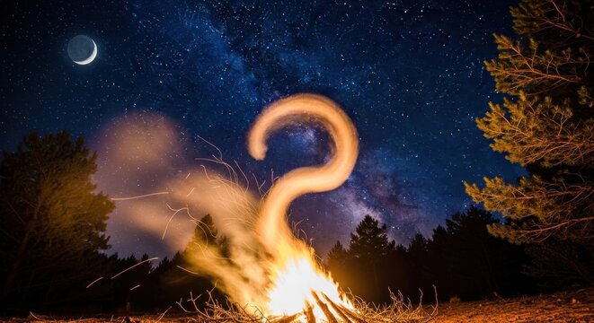 Mystical campfire burns beneath a star-filled night sky, shaped with a luminous question mark emanating sparks and light.