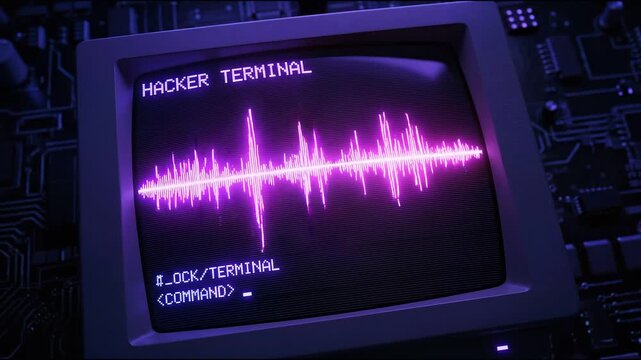 Vibrant neon audio waveform glowing in blue purple concept. Retro hacker terminal screen with neon audio waveform and computer command interface technology concept
