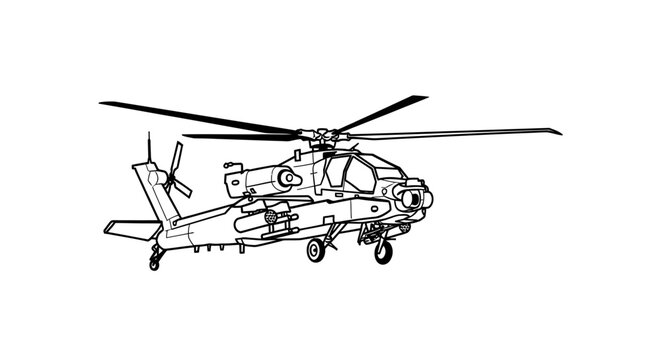 Apache Helicopter Line Drawing - Military Attack Aircraft Illustration