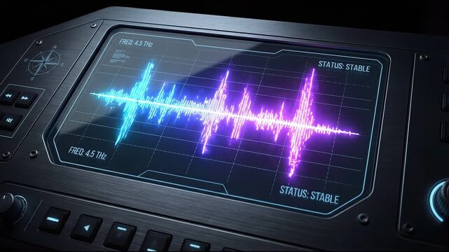 Vibrant neon audio waveform glowing in blue purple concept. Futuristic digital soundwave display on high tech audio control panel with vibrant neon colors and stable status