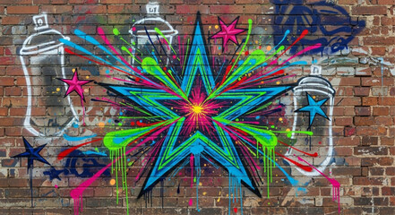 Colorful Star and Heart Graffiti Art on Brick Wall. © Dik