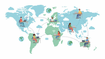 Obraz premium Global remote work concept with diverse people connected across continents using laptops and internet technology.