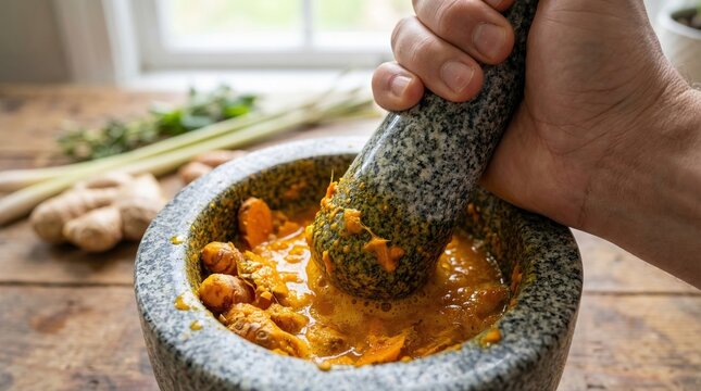 Hand using granite mortar and pestle to crush fresh turmeric root for traditional curry paste preparation
