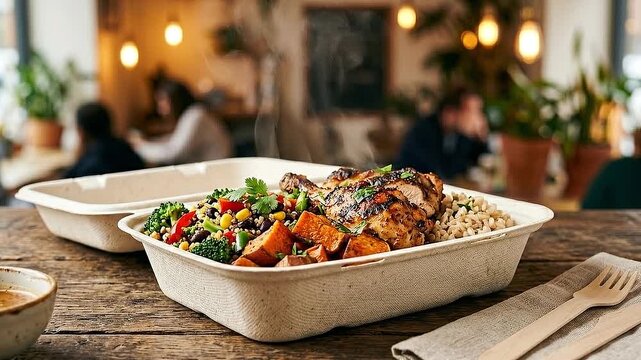 Eco friendly packaging ai grilled chicken bowl with roasted sweet potato quinoa brown rice broccoli black bean vegetable salad served compostable