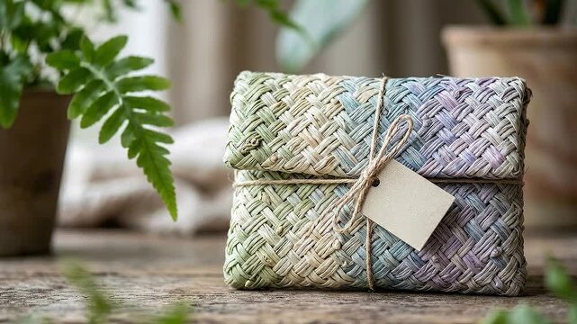 Eco friendly packaging natural woven pouch wrapped with twine and blank tag rustic wooden table evokes sustainable gift giving mood surrounded by
