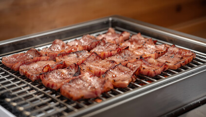 Grilled sliced pork belly on metal Korean barbecue grill, sizzling and caramelized