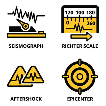 Vector art of set of four icons representing seismograph, richter scale, aftershock, and epicenter