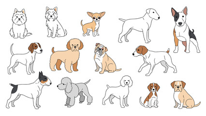 Obraz premium Extensive collection of dog breed line drawings featuring breeds like bulldogs, poodles, chihuahuas, and terriers in profile view for art.
