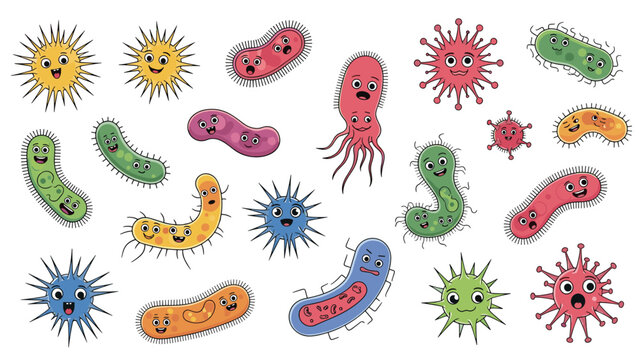 Multi-colored cartoon microbes and bacteria with cute faces representing germs, viruses, and microscopic organisms in a large collection.